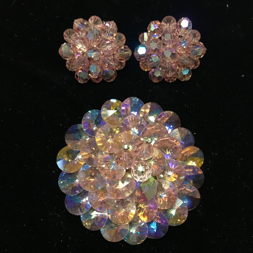 Pink Crystal Brooch & Earrings